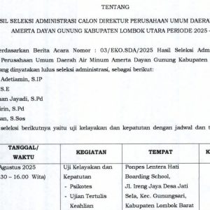 Lima Kandidat Lolos Seleksi Administrasi Calon Direktur Perumda Air Minum Amerta Dayan Gunung KLU