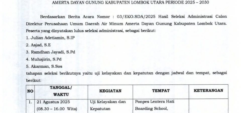 Lima Kandidat Lolos Seleksi Administrasi Calon Direktur Perumda Air Minum Amerta Dayan Gunung KLU